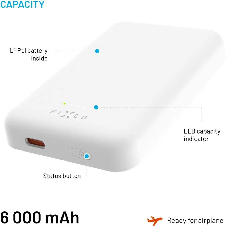 Fixed Fiksuotas MagZen Power Bank | FIXZENM-6-WH | 6000 mAh | USB-C | Baltas