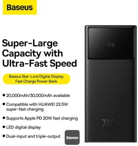 LiPo išorinis akumuliatorius (Powerbank) 20000mAh 22.5W su PD3.0 QC3.0 2xUSB + USB C Star-lord juodas BASEUS