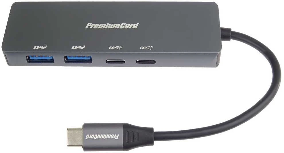 USB PremiumCord PREMIUMCORD šakotuvas USB-C su 2x USB 3.2 Typ-C + 2x USB 3.2, 5G SuperSpeed, aliuminis
