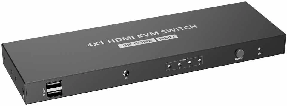 PremiumCord 4K@60Hz HDMI2.0 KVM jungiklis 4:1 su nuotolinio valdymo pultu