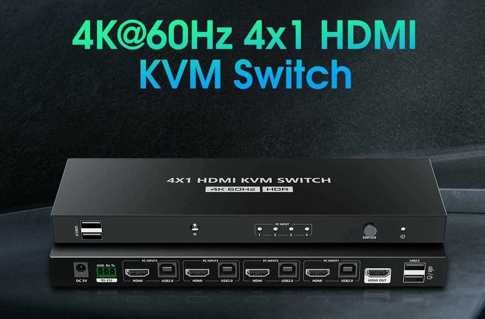 PremiumCord HDMI KVM jungiklio jungtys ir priekinė panelė