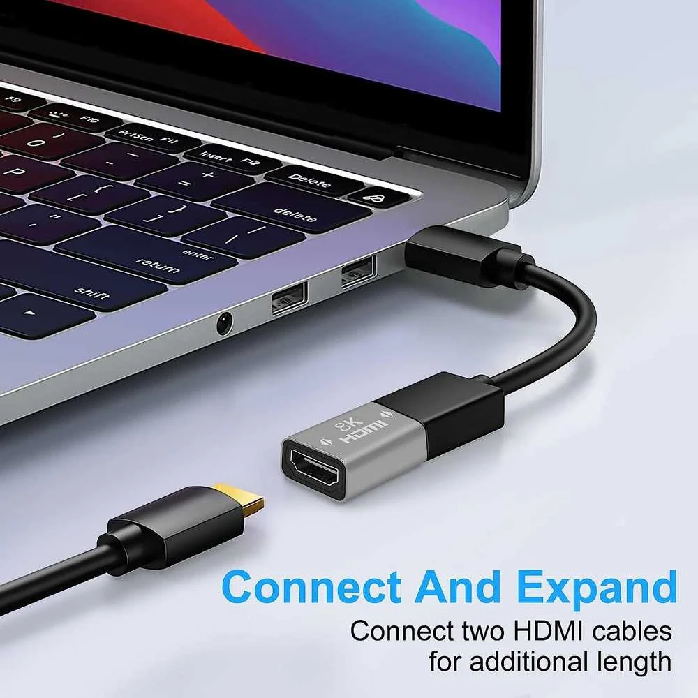 HDMI-HDMI 8K adapteris prijungtas prie nešiojamojo kompiuterio