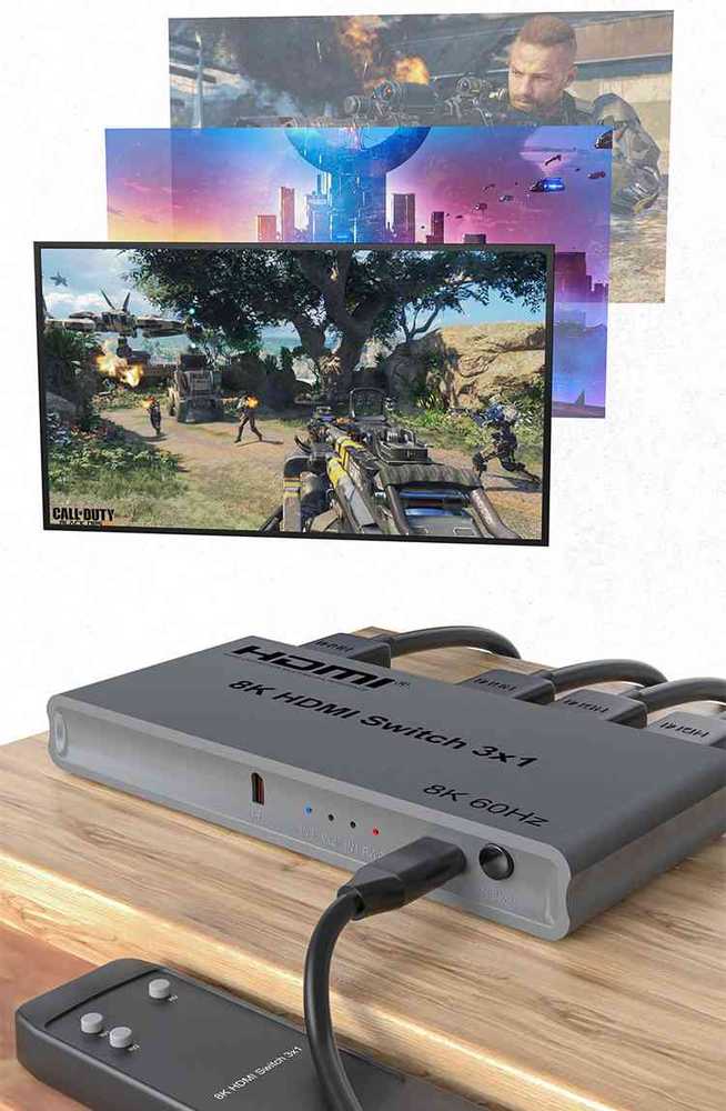 „PremiumCord“ 8K@60Hz, 4K@144Hz HDMI jungiklis 3:1 su nuotolinio valdymo pultu