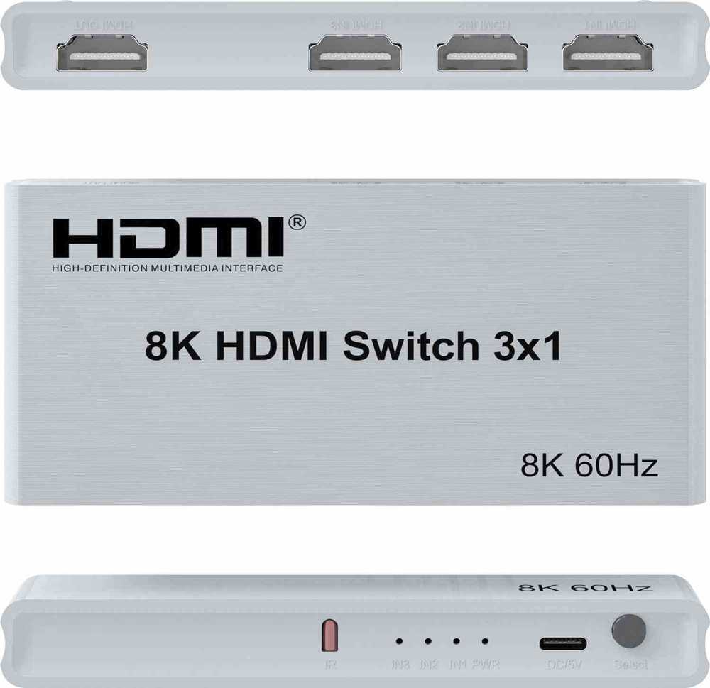 „PremiumCord“ 8K@60Hz, 4K@144Hz HDMI jungiklis 3:1 su nuotolinio valdymo pultu