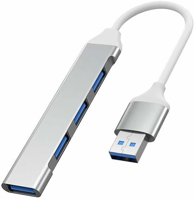 Sidabrinis 4 prievadų USB šakotuvas su ilgu laidu