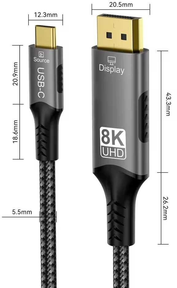 „PremiumCord“ USB-C į „DisplayPort DP1.4“ laidas, 8K@60Hz ir 4k@120Hz, 2 m