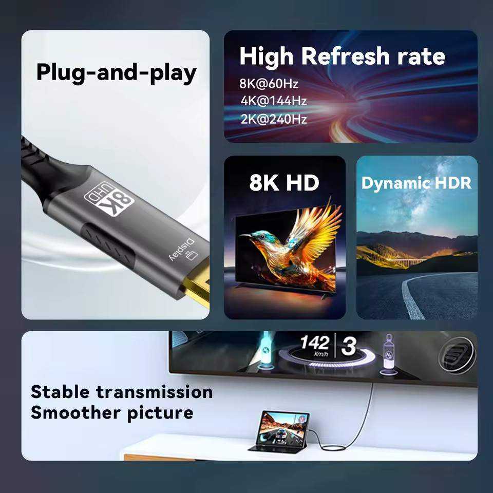 „PremiumCord“ USB-C į „DisplayPort DP1.4“ laidas, 8K@60Hz ir 4k@120Hz, 2 m
