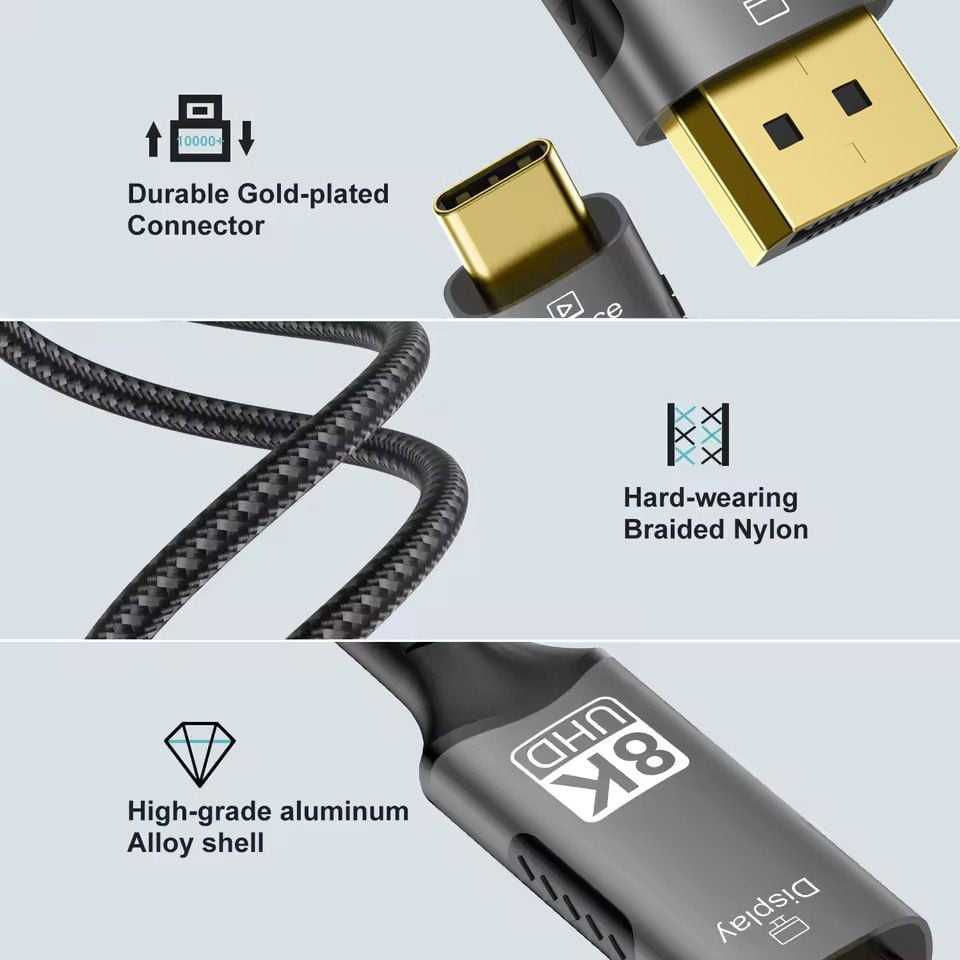 „PremiumCord“ USB-C į „DisplayPort DP1.4“ laidas, 8K@60Hz ir 4k@120Hz, 2 m