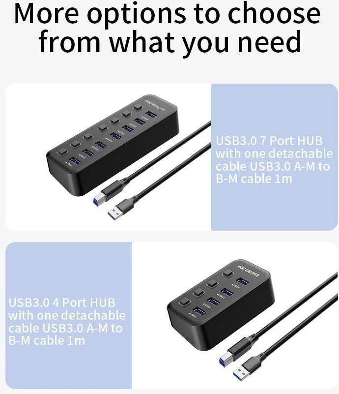 USB šakotuvų palyginimas su 4 arba 7 prievadais