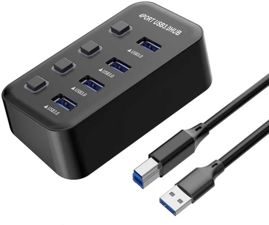 Juodas 4 prievadų USB šakotuvas su jungikliais ir laidu