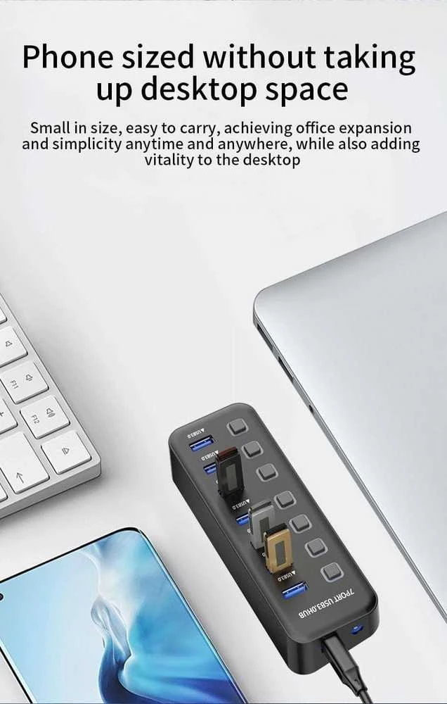 PREMIUMCORD Hub USB 3.2, 7 prievadų su prievadų jungikliais, 5G SuperSpeed, juoda