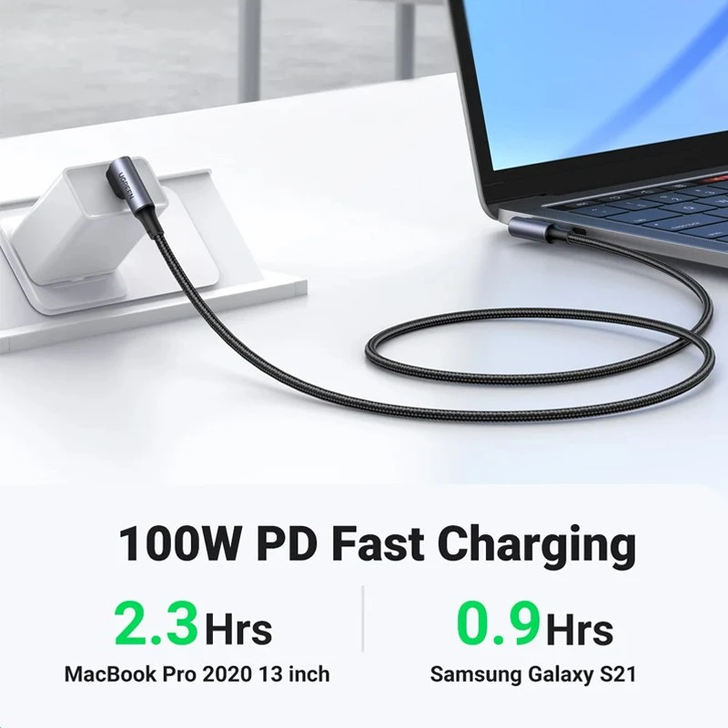 Kabelis USB PremiumCord USB-C 2x lenktas kabelis (USB 3.2 GEN 2x2, 5A, 100W, 20Gbit/s) medvilninis pynimas, ilgis: 0.5m