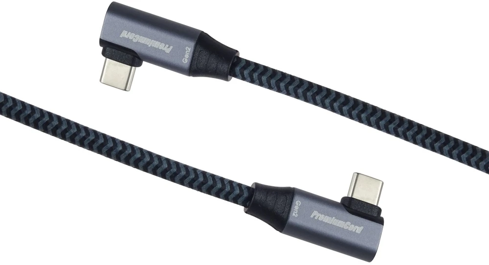 Kabelis USB PremiumCord USB-C 2x lenktas kabelis (USB 3.2 GEN 2x2, 5A, 100W, 20Gbit/s) medvilninis pynimas, ilgis: 3m