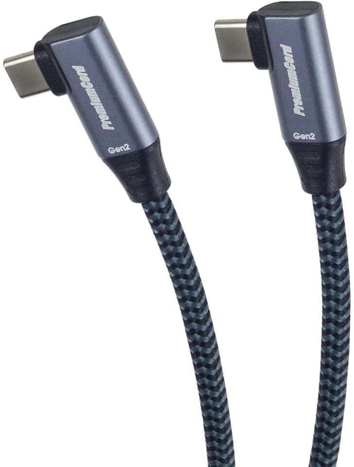 Kabelis USB PremiumCord USB-C 2x lenktas kabelis (USB 3.2 GEN 2x2, 5A, 100W, 20Gbit/s) medvilninis pynimas, ilgis: 3m