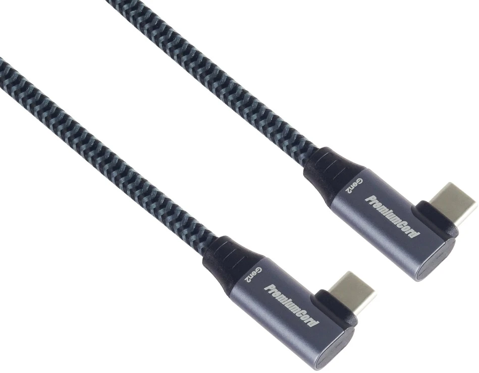 Kabelis USB PremiumCord USB-C 2x lenktas kabelis (USB 3.2 GEN 2x2, 5A, 100W, 20Gbit/s) medvilninis pynimas, ilgis: 3m