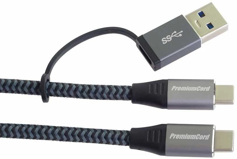 Kabelis USB PremiumCord USB-A + USB-C - USB-C 2 m Juodai-pilka (ku31cq2)