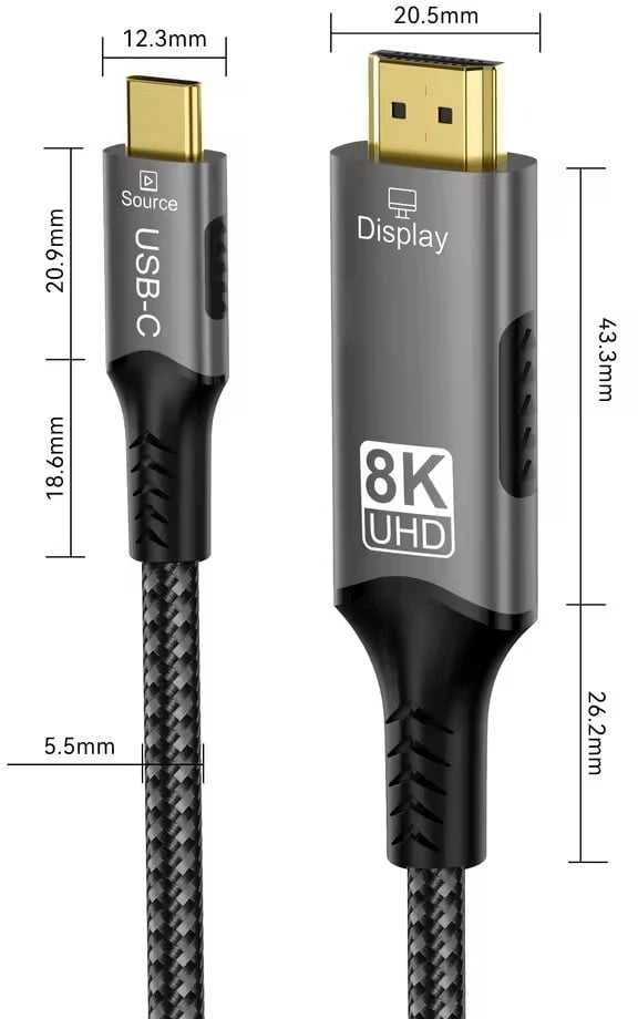 PremiumCord USB-C į HDMI kabelio matmenų schema