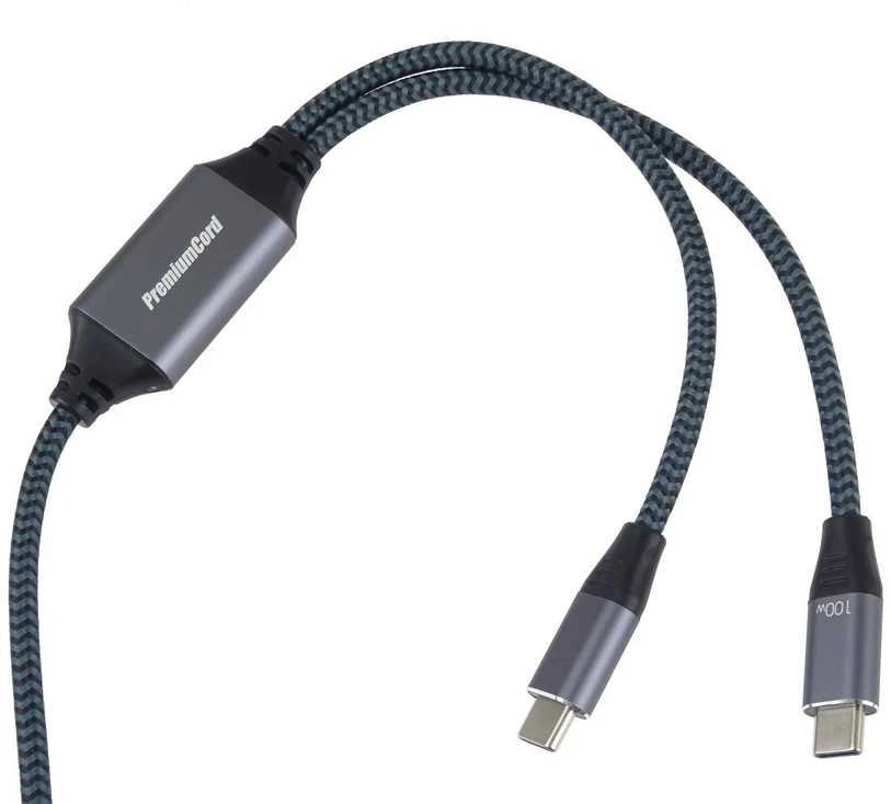 PREMIUMCORD USB-C įkrovimo laidas, 2xUSB-C į USB-C, 100W, 1m, juodas