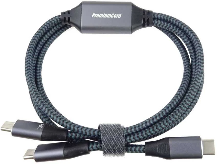 PREMIUMCORD USB-C įkrovimo laidas, 2xUSB-C į USB-C, 100W, 1m, juodas