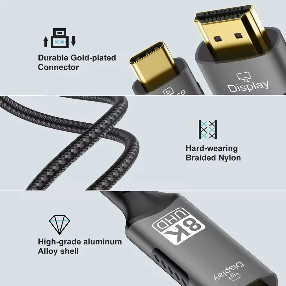 USB kabelis PremiumCord USB-C į HDMI kabelis 2m Vaizdo raiška 8K@60Hz, 4K@144Hz Aliuminis