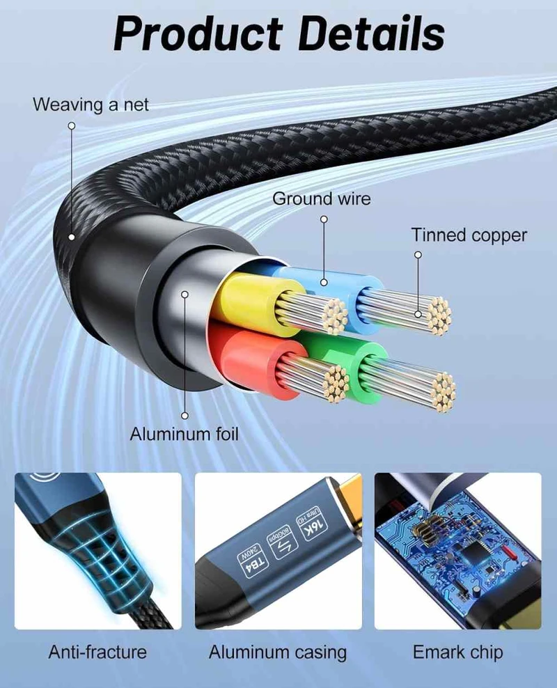„PremiumCord USB4™“ 2.0 versija, 80 Gbps, 16K@60 Hz, 240 W, „Thunderbolt 3“ ir „4“ laidas, 0,8 m ilgio
