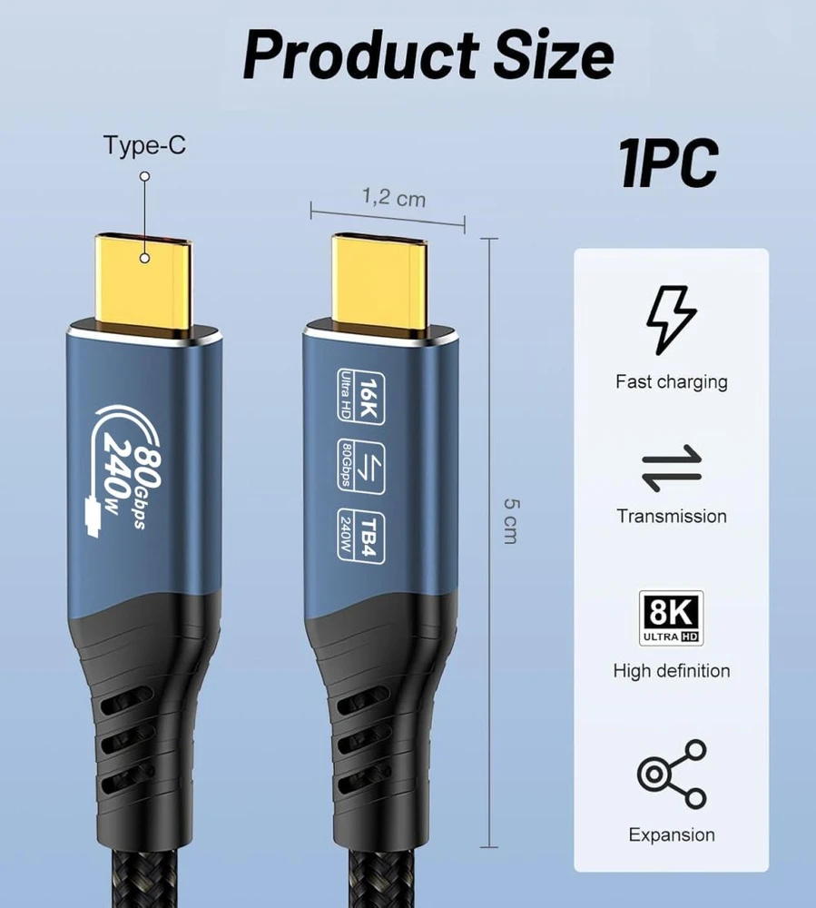 Kabelis USB PremiumCord PREMIUMCORD Kabelis USB4™ Version2.0 80Gbps 16K@60Hz 240W Thunderbolt 3 a 4 kabelis 1m