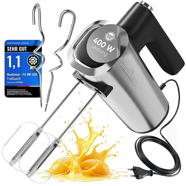 Profi Cook ProfiCook rankinis plakiklis 400 W su 5 greičiais, Turbo ir plieniniais antgaliais PC-HM 1335