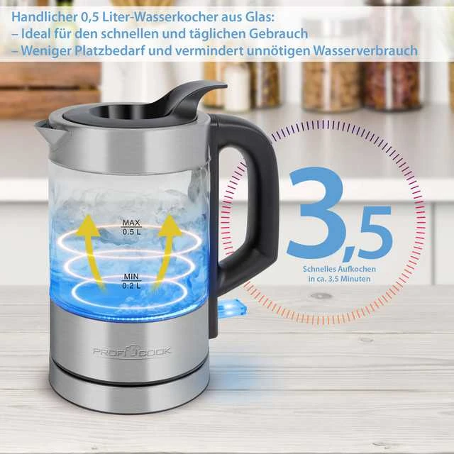 Profi Cook ProfiCook PC-WKS 1228 G electric virdulys 0.5 L 1100 W Nerūdijantis plienas, Transparent