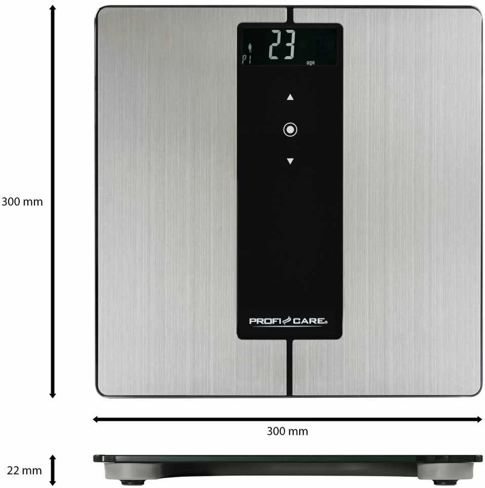 Virtuvinės svarstyklės ProfiCare 9 viename diagnostinės svarstyklės PC-PW 3008 BT (nerūdijančio plieno / juodos, su „Bluetooth“)