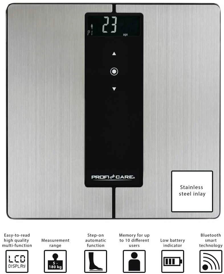 Virtuvinės svarstyklės ProfiCare 9 viename diagnostinės svarstyklės PC-PW 3008 BT (nerūdijančio plieno / juodos, su „Bluetooth“)