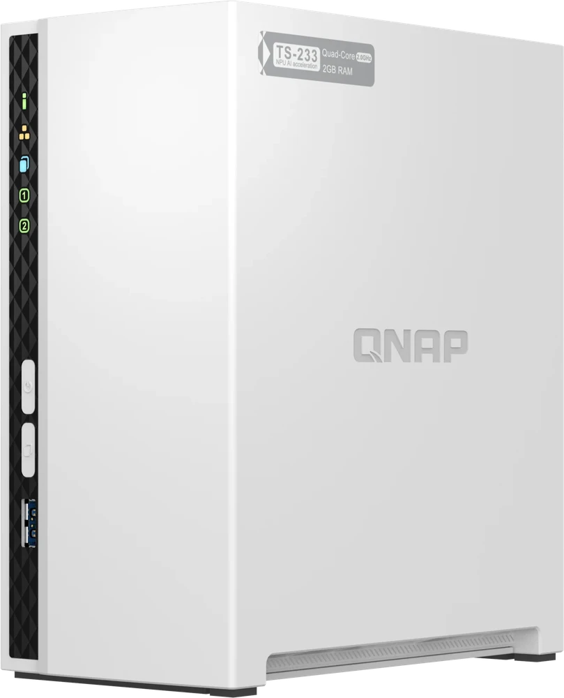 Serveris QNAP | 2 skyrių ARM | TS-233 | Iki 2 SATA 6Gb/s, 3Gb/s | ARM 4 branduolių | Cortex-A55 | Procesoriaus dažnis 2,0 GHz | 2 GB | N/A
