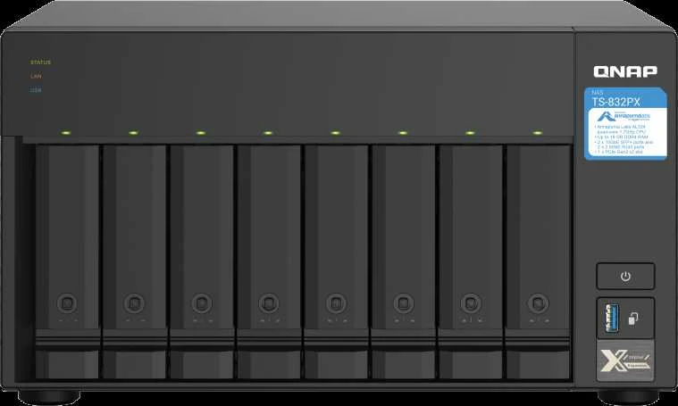 Qnap Systems QNAP TS-832PX-4G 8 skyrių NAS serveris AL324 1.7GHz keturių branduolių 4GB DDR4 SODIMM maks. 16GB 2x10GbE SFP+ LAN + 2x2.5GbE