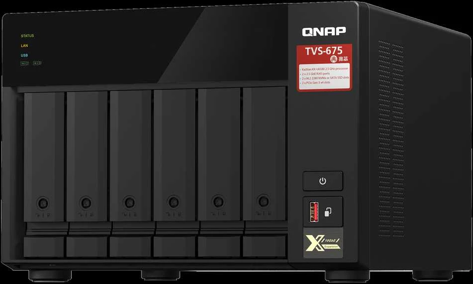 Serveris QNAP TVS-675 NAS bokštas ZhaoXin KaiXian KX-6000 KX-U6580 8 GB DDR4 0 TB QuTS Hero Juodas