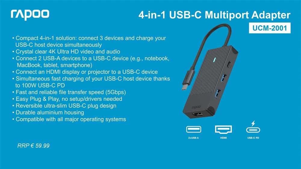 Rapoo UCM-2001 USB-C adapteris su prievadų aprašymu