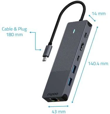 Rapoo USB-C kelių prievadų adapteris 6 viename, pilkas