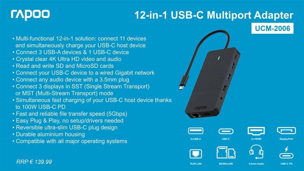 Stacja/replikator Rapoo Rapoo USB-C Multiport Adapteris 12-in-1, pilkas