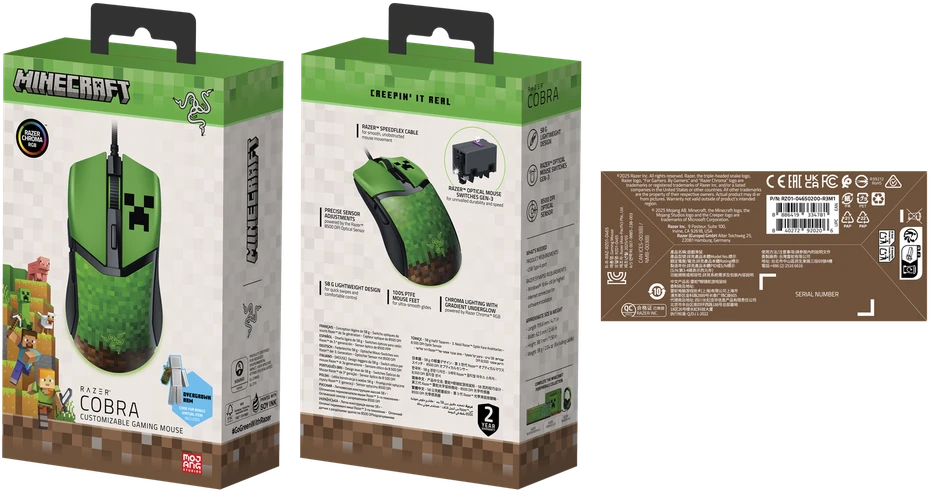 Razer | Pelė žaidimams | Cobra | Optiniai pelės jungikliai Gen-3 | Minecraft Edition