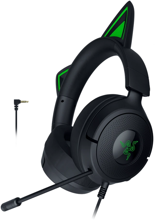 Razer Kraken Kitty V3 X su kačių ausytėmis ir 3.5 mm jungtimi