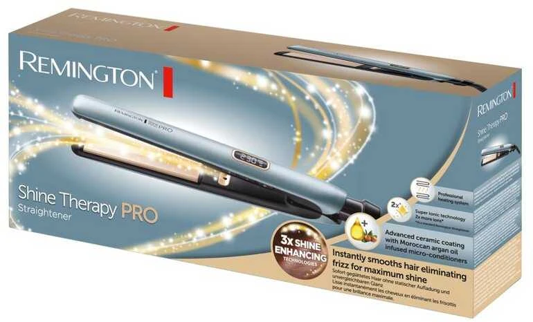 Remington | Plaukų tiesinimo žnyplės | S9300 Shine Therapy Pro | Garantija 24 mėn. | Keraminė šildymo sistema | Jonų funkcija | Skaitmeninis ekranas | Maksimali temperatūra 230 °C | Mėlyna
