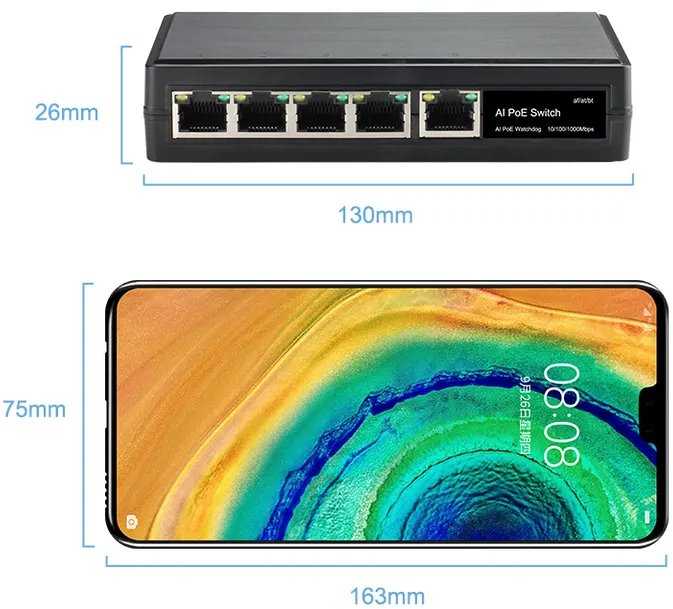 Šakotuvas „Conexpro GNT-69P51G6“, PoE komutatorius, 5x LAN, 4x PoE