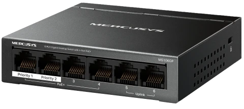 Šakotuvas MERCUSYS komutatorius MS106GP (6xGbE, 4xPoE+, 65W, be ventiliatoriaus)