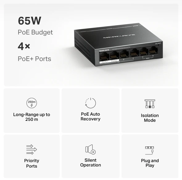 Šakotuvas MERCUSYS komutatorius MS106GP (6xGbE, 4xPoE+, 65W, be ventiliatoriaus)