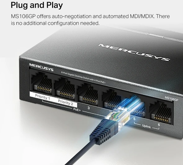 Šakotuvas MERCUSYS komutatorius MS106GP (6xGbE, 4xPoE+, 65W, be ventiliatoriaus)