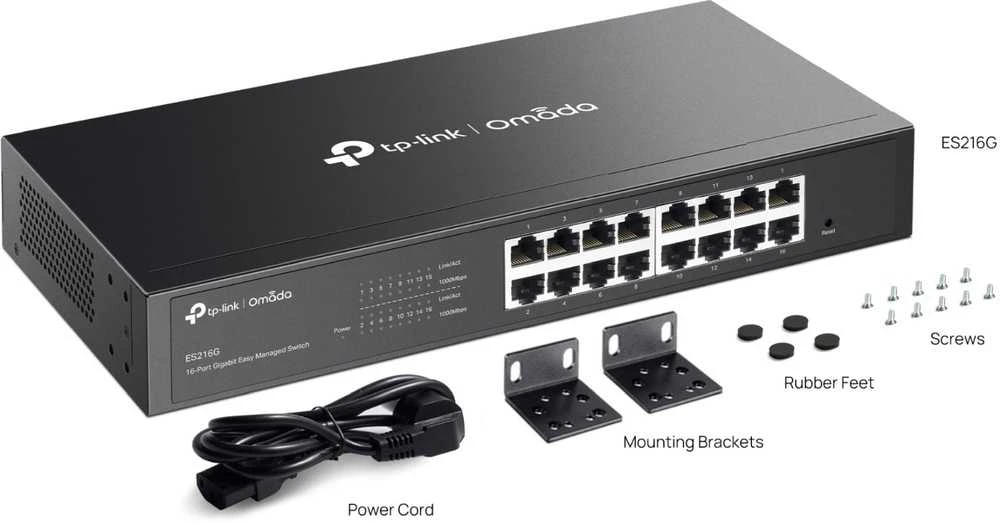 Šakotuvas TP-LINK | ES216G | „Omada“ 16 prievadų gigabito lengvai valdomas komutatorius | Stalinis / montuojamas ant stovo | Valdomas | Maitinimo šaltinis: 100–240 V, 50/60 Hz