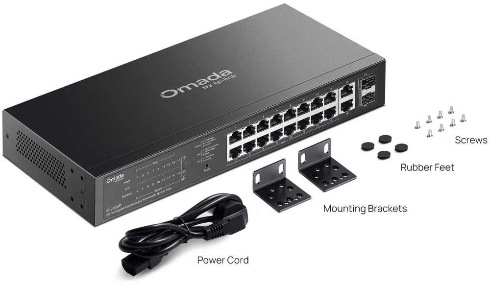 Šakotuvas TP-Link OMADA ES220GP tinklo komutatorius su valdomu gigabito eternetu (10/100/1000), maitinimu per eternetą (PoE), Juodas