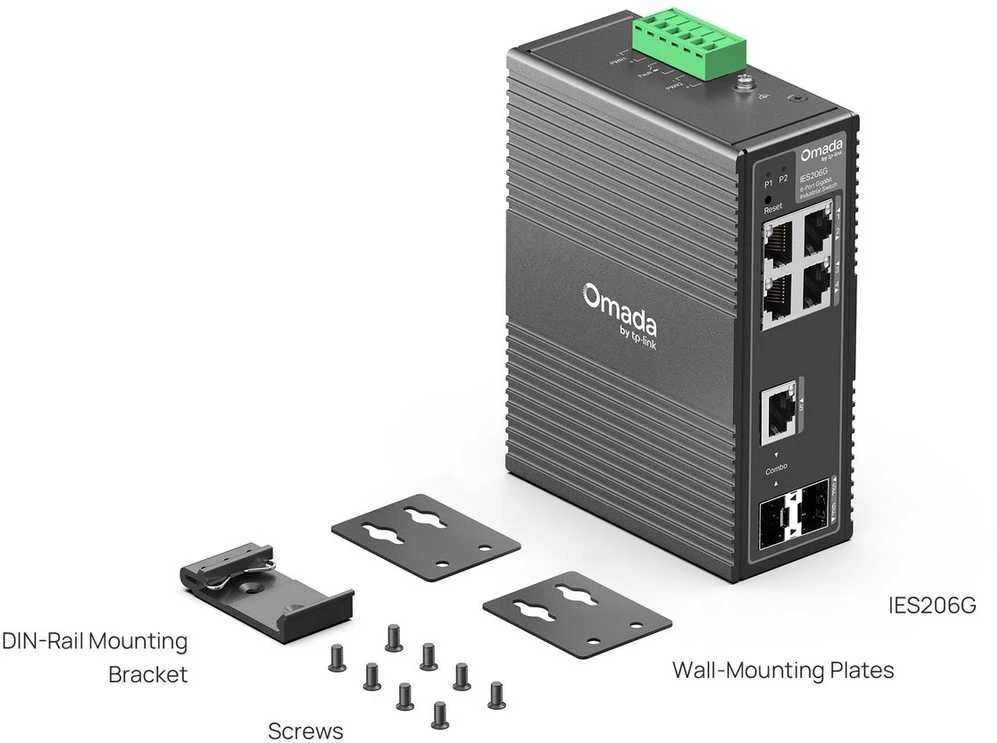 Šakotuvas TP-Link „Omada“ 6 prievadų gigabito pramoninis lengvai valdomas komutatorius, 4 × gigabito RJ45 prievadai, 1 × gigabito RJ45/SFP mišrus lizdas, 1 × gigabito SFP lizdas, darbinė temperatūra: -40–75 °C (-40–167 °F), IP40 aliuminio korpusas, centralizuotas debesijos valdymas.
