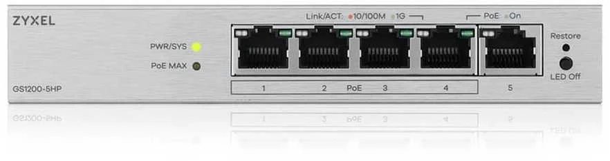 Šakotuvas „Zyxel GS1200-5HPV3“ valdomas L2 gigabito Ethernet (10/100/1000) maitinimas per Ethernet (PoE) darbalaukio pilkas