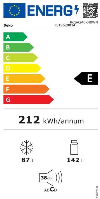 BEKO Šaldytuvas RCSA240K40WN, Energy class E, Height 153cm, Baltas