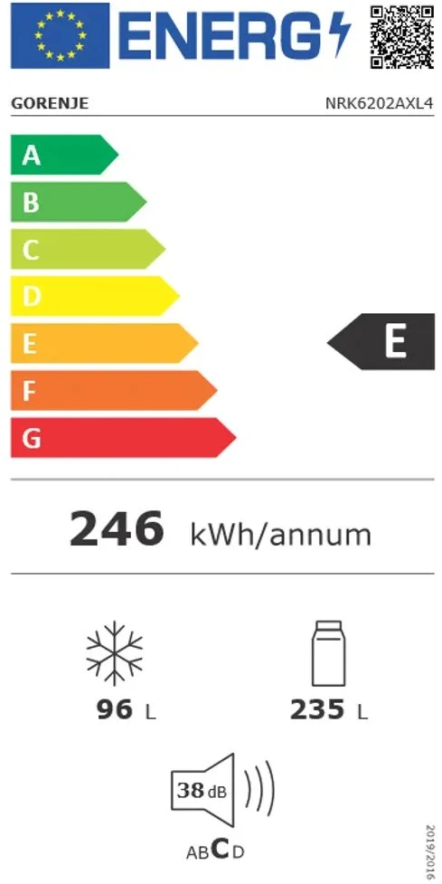 Gorenje | Šaldytuvas | NRK6202AXL4 | Energy efficiency class E | Free standing | Combi | Height 200 cm | No Frost system | Šaldytuvas net capacity 235 L | Šaldiklis net capacity 96 L | Ekranas | 38 dB | Nerūdijantis plienas