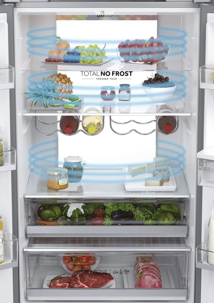 Šaldytuvas Šaldytuvo derinys Haier HFR7720DWMP, 477 litrai, „No Frost“, „Air Surround“, drėgmės zona, „My Zone“, vandens dozatorius, supervėsinimas, superšaldymas, butelių lentyna, D klasė, aukštis 201 cm, nerūdijantis plienas